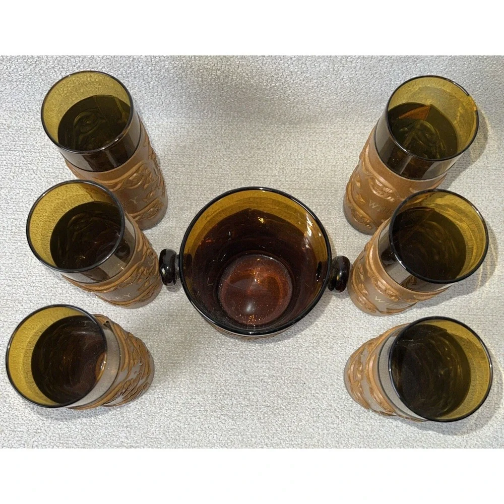 Whisky Glasses & Glass Ice Bucket Amber Embossed Leather Sleeve Set 7 Bar Liquor